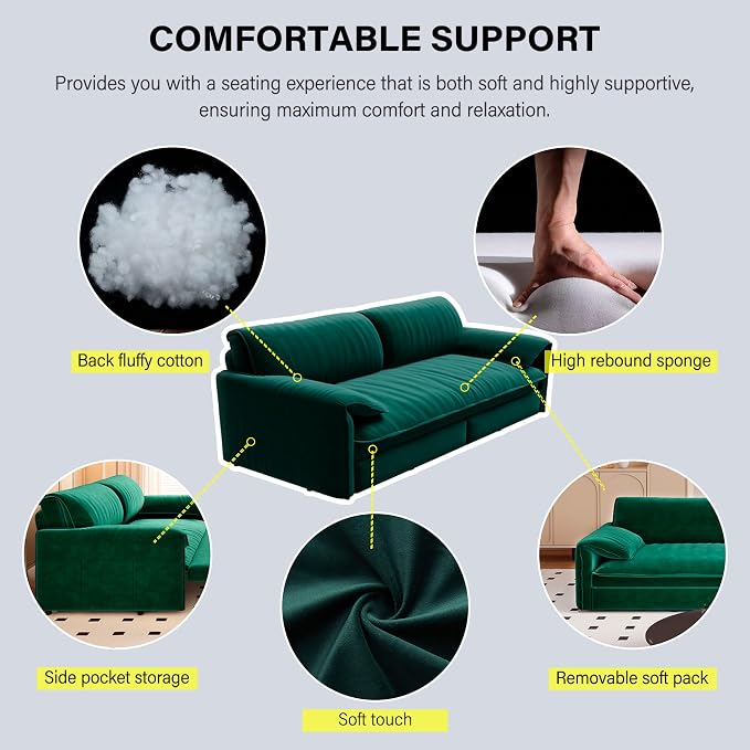 66" Sofa Bed Queen Size, Pull Out Couch Bed, 3-in-1 Convertible Sleeper Sofa with Side Pocket, Modern Velvet Futon Couch for Living Room, Small Space, Apartment, Bedroom, Green