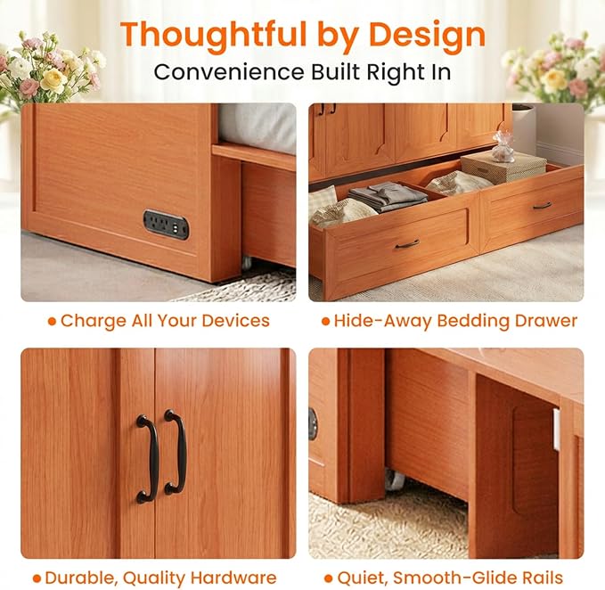 CECER Queen Murphy Bed with Mattress for Small Space/Guest-Maroon | Large Storage Drawer ＆ Built-in Multi-Port Charging Station，Space Saving ＆ Easy Assemble and Conversion