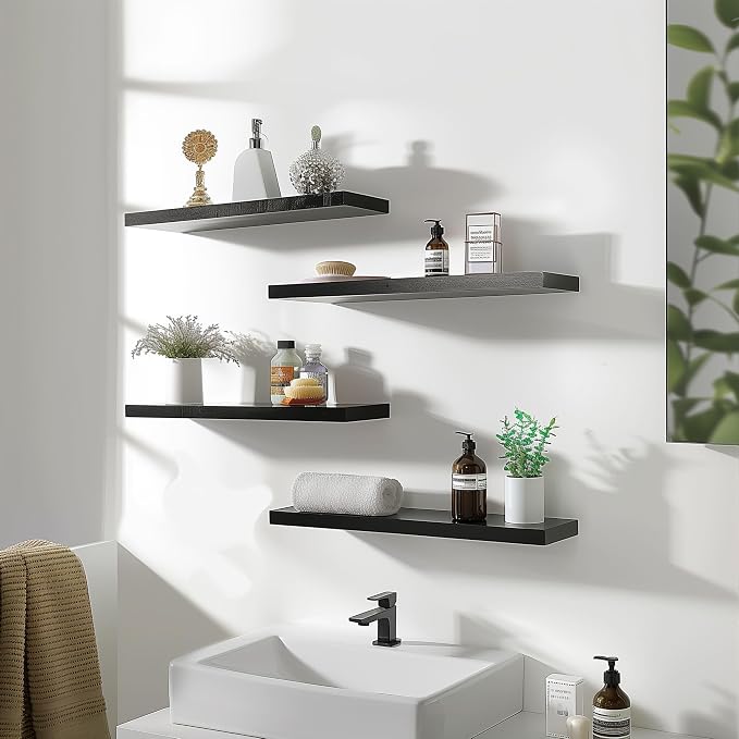 YYWUOJJ Wood Floating Shelves for Wall Decor, Rustic Wall Shelves for Bedroom Bathroom Kitchen Living Room, Set of 4 Black 24 Inch