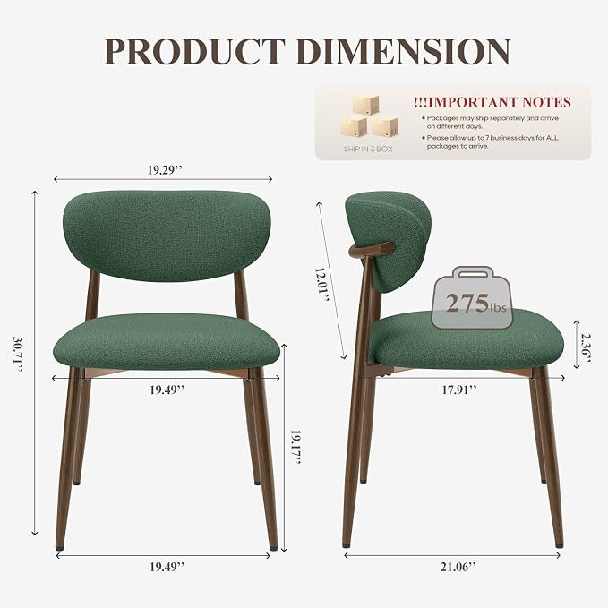 MALOL Dining Chairs Set of 6, Curved Back Kitchen Room Chairs with Metal Legs and Anti Slip Pads, Upholstered Dining Chair for Home and Restaurant, Green