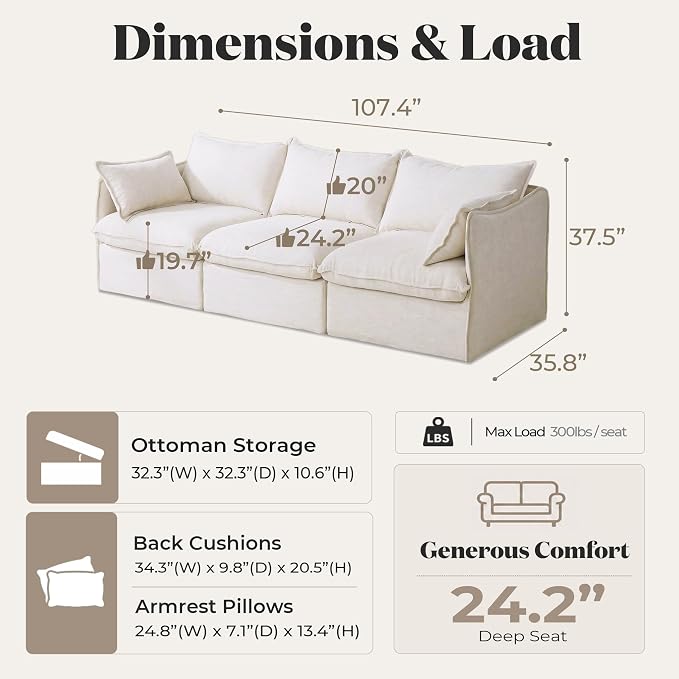Cloud Modular Sofa, Oversized Deep Seat Comfort, Linen Blend | Fully Removable Washable Covers, Memory Foam Seat Cushions, Premium Fabric