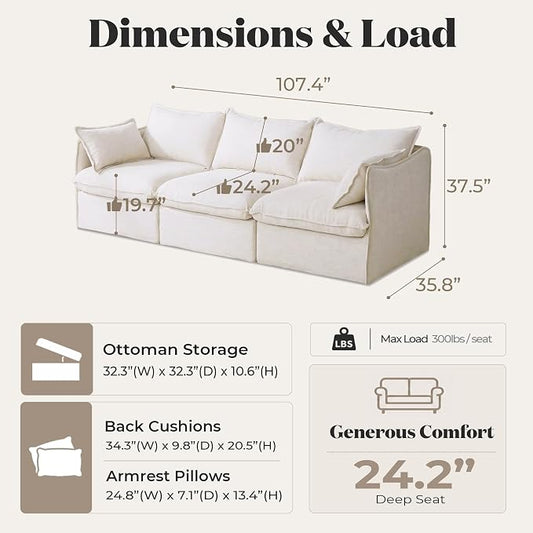 Cloud Modular Sofa, Oversized Deep Seat Comfort, Linen Blend | Fully Removable Washable Covers, Memory Foam Seat Cushions, Premium Fabric