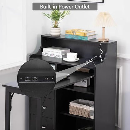 Folding Desk with Storage,Hidden Desk with Lockable Drawers & Shelves, Built-in Power Outlet,Fold Out Desk for Study and Home Office