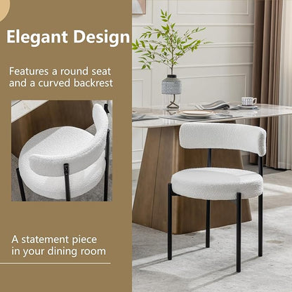 Boucle Dining Chairs Set of 4, White Dining Chairs with Upholstered Seat and Round Back, Mid-Century Modern Kitchen Chairs for Dining Room, Restaurant