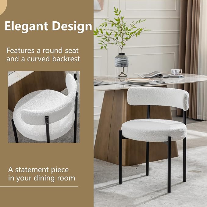 Boucle Dining Chairs Set of 6, White Dining Chairs with Upholstered Seat and Round Back, Mid-Century Modern Kitchen Chairs for Dining Room, Restaurant