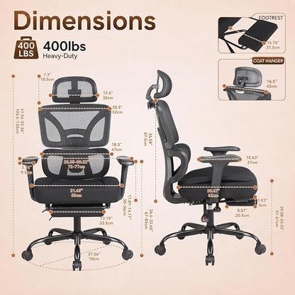 Ergonomic Office Chair with Footrest - High Mesh Back Computer Desk Chair | with Back Support, 135° Reclining, 4D Armrest & Headrest, 400lbs Thickened Seat Cushion, for Home Office, Work & Gaming