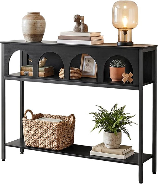 HOOBRO Narrow Console Table, Entryway Table with 3-Tier Storage, Sofa Table, Behind Couch Table with Arched Design for Living Room, Entrance, Hallway, Black BB106XG01
