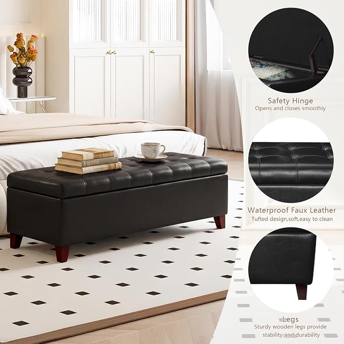 Joveco Storage Ottoman Bench, 51 Inch Leather Tufted Upholstered Bench for End Foot of Bed, Bedroom, Living Room, Black