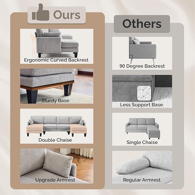 VINGLI 108" W U-Shaped Sectional Couches for Living Room, Sturdy Wooden Armrest Corduroy Cloud Couch with Double Chaise, High Support Modern 4-Seat Sectional Sofa for Apartment, Offices, Light Grey