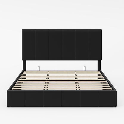 Allewie King Size Velvet Lift Up Storage Bed Frame, Vertical Channel Tufted Headboard, Hydrualic Underneath Storage, Upholstered Platform Bed, Wooden Slats Support, No Box Spring Needed, Black