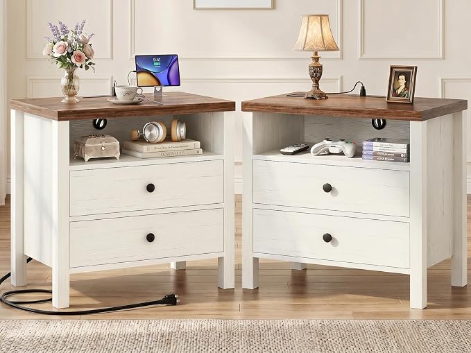 Aheaplus Nightstand with Charging Station, 23.6'' Large Bed Side Table with Wooden 2 Drawers, Night Stand for Bedroom, End Table with Open Storage Shelf for Living Room, Set of 2, White & Brown