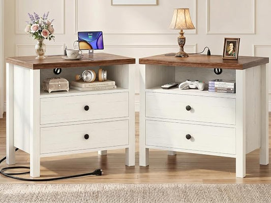 Aheaplus Nightstand with Charging Station, 23.6'' Large Bed Side Table with Wooden 2 Drawers, Night Stand for Bedroom, End Table with Open Storage Shelf for Living Room, Set of 2, White & Brown