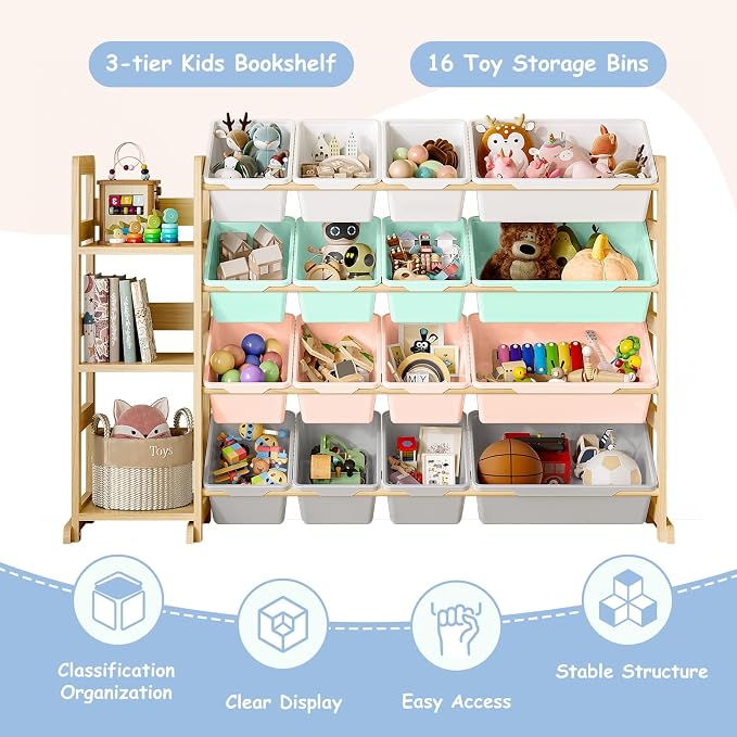 EXPERLAM Toy Storage Organizer, Toy Storage Shelf with 3 Shelves and 16 Storage Bins (12 Small + 4 Large), 3-in-1 Kids Bookshelf for Kids Rooms, Playroom, Nursery, Multi
