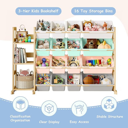 EXPERLAM Toy Storage Organizer, Toy Storage Shelf with 3 Shelves and 16 Storage Bins (12 Small + 4 Large), 3-in-1 Kids Bookshelf for Kids Rooms, Playroom, Nursery, Multi