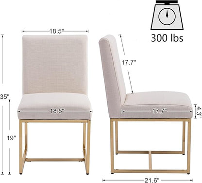 HNY Modern Dining Chairs Set of 4, Upholstered Linen Dining Room Chairs with Ergonomic Back & Polished Gold Metal Frame for Home, Kitchen, Apartment, Cream