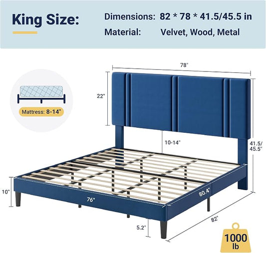 Allewie King Size Platform Bed Frame with Adjustable Headboard, Plush Velvet Upholstered, Vertical Channel Tufted, Sturdy Wooden Slats, No Box Spring Needed, Easy Assembly, Blue
