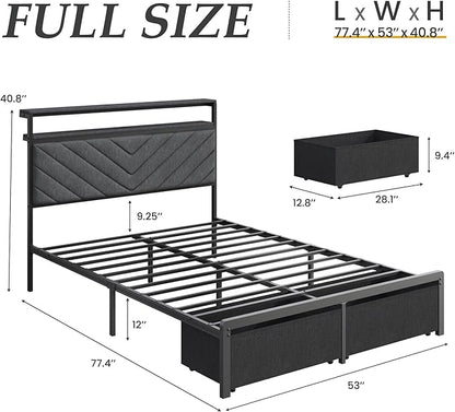 Fluest Full Bed Frame with 2 Drawers, Upholstered Headboard with Storage and Charging Station, LED Lights, Fabric Drawers with Wheels, Under Bed Storage, No Box Spring Needed, Easy Assembly, Grey