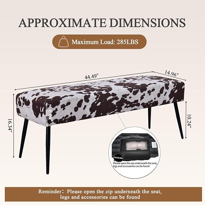 DUHOME Velvet Bench Ottoman, Upholstered Bedroom Benches Cow Print End of Bed Bench with Black Metal Base for Entryway Dining Room Living Room Bedroom, Brown