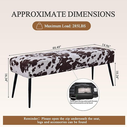 DUHOME Velvet Bench Ottoman, Upholstered Bedroom Benches Cow Print End of Bed Bench with Black Metal Base for Entryway Dining Room Living Room Bedroom, Brown