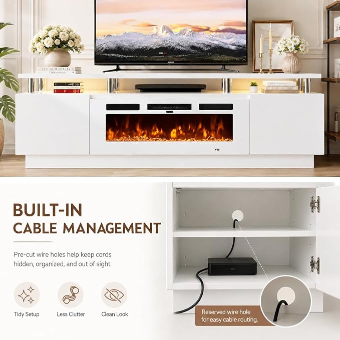 70" TV Stand for Living Room, Entertainment Center & Media Console with Storage, Fits TVs up to 80", Modern TV Cabinet with Shelves, 36" Electric Fireplace (All White)