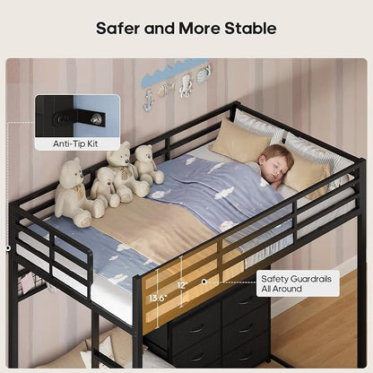 BTHFST Bunk Bed Twin Over Twin with 14 Storage Drawers & Bookshelf, Twin Bunk Beds with RGB LED Lights & Metal Grid Panel, Metal Bunk Beds for Kids with Safety Guardrails & Ladder, Black