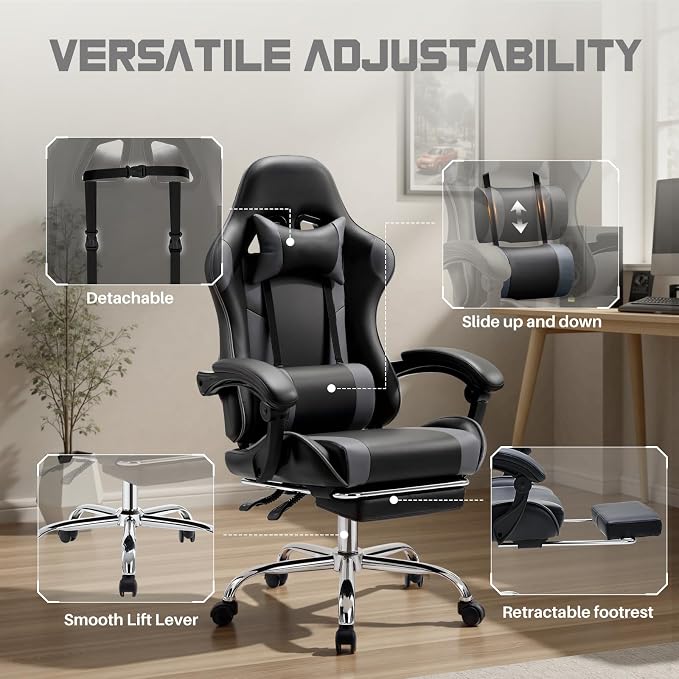 DUMOS Ergonomic Gaming Office Desk Chair with Footrest and Headrest for Adults, PU Leather Video Computer Chair with Linkage Armrests, Height Adjustable 360° Swivel Recling, Black Grey