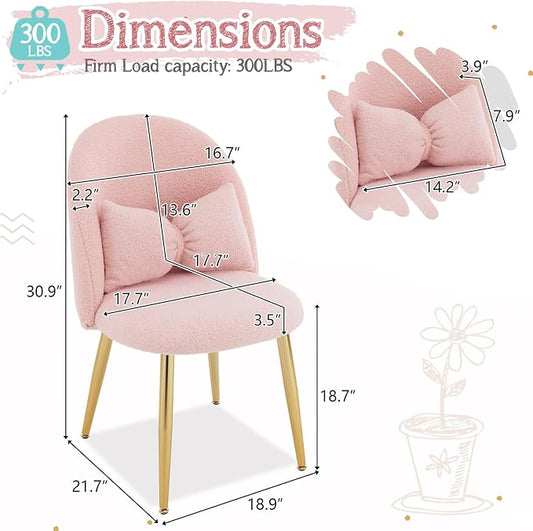 VINGLI Boucle Girls Vanity Chair with Back & Pillow,Cute Small Cozy Desk Chair No Wheels,Comfy Makeup Ch with Ajustable Gold Legs,for Bedroom,Living Room,Small Space,Pink