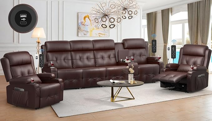 Recliner Sofa, 4 Seater Massage Reclining Loveseat Sofa Sets, 2 Single Power Recliner Chairs Heat & Massage, Heavy Weight Capacity, RV Clearance Love Seat Couch with Console, USB, Type C Port