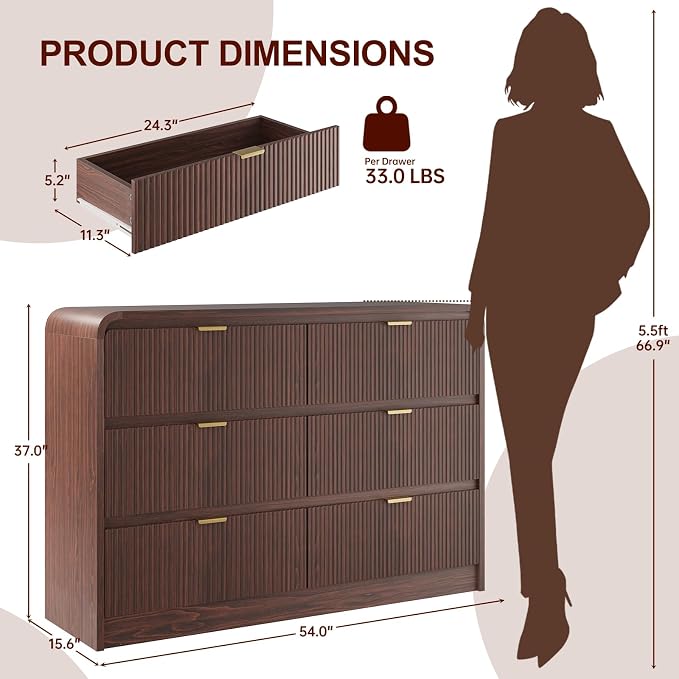 FURSUN Fluted 6 Drawers Dresser for Bedroom, 54" Wide Wooden Dresser with Metal Handle, Curved Profile Design, Modern Storage Organizer for Bedroom, Living Room, Hallway, Dark Walnut