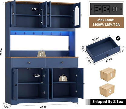 HIFIT 71" LED Kitchen Pantry Cabinet with Power Outlet, Large Kitchen Hutch Cabinet with 2 Storage Drawers & Arched Door, Countertop & Hooks, Tall China Bar for Dining Living Room (Blue)