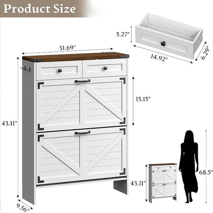 BORNOON Shoe Cabinet with Odor Control Deodorizer and Back Panel, Farmhouse Narrow Shoe Storage Cabinet Rack for Entryway with 2 Flip Drawers and 2 Top Drawers, Adjustable Shelves, Side Hooks