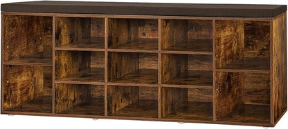 DINZI LVJ Shoe Storage Bench with Cushion, 13-Cubby Shoe Rack, Adjustable Shelves, Multifunctional Shoe Organizer Bench for Entryway, Mudroom, Hallway, Living Room, Bedroom and Garage, Rustic Brown
