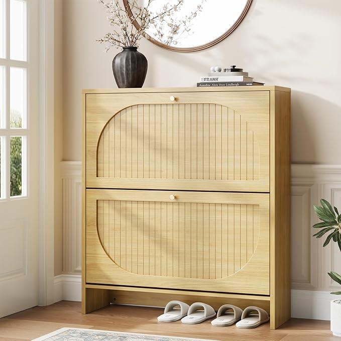 Nicetree Arch-Chic Shoe Cabinet for Entryway, Modern Mid-Century Shoe Storage Cabinet with Fluted, Narrow Shoe Rack with Adjustable Shelves & Tipping Protection, Fits Size 13.5 Shoes,Natural Oak