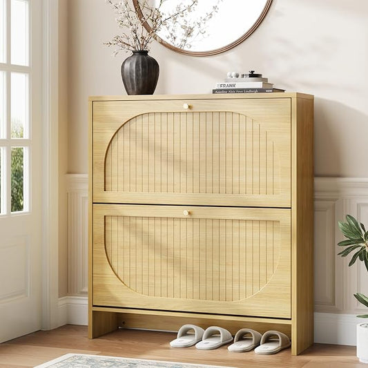 Nicetree Arch-Chic Shoe Cabinet for Entryway, Modern Mid-Century Shoe Storage Cabinet with Fluted, Narrow Shoe Rack with Adjustable Shelves & Tipping Protection, Fits Size 13.5 Shoes,Natural Oak