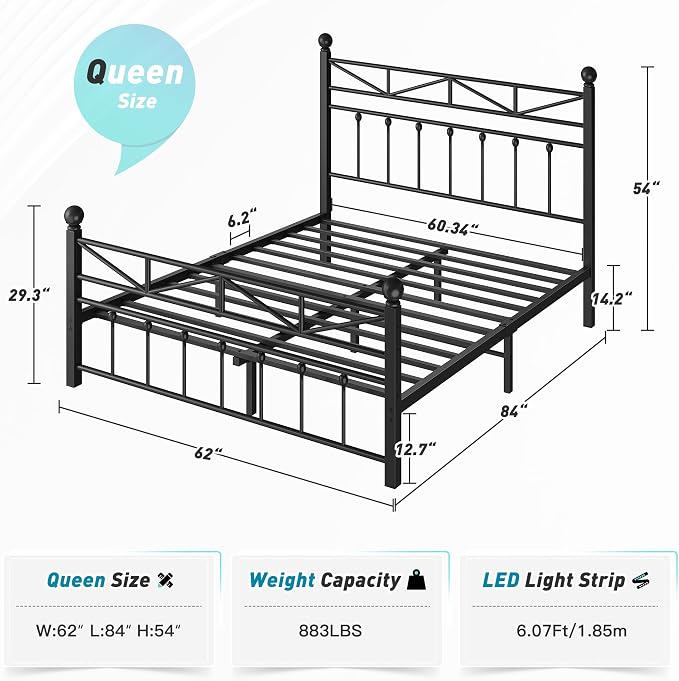EnHomee 14.2" Queen Size Metal Platform Bed Frame, Tall Headboard and LED Lights, Victorian Vintage Style，Under Bed Storage, Heavy Duty Metal Slats & Noise Free, Black