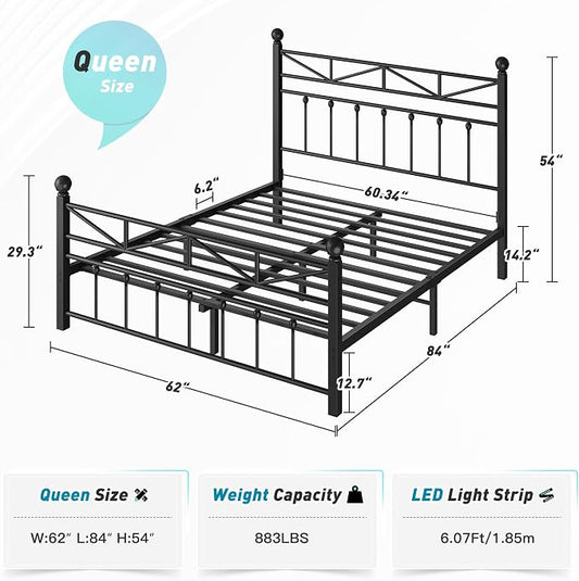 EnHomee 14.2" Queen Size Metal Platform Bed Frame, Tall Headboard and LED Lights, Victorian Vintage Style，Under Bed Storage, Heavy Duty Metal Slats & Noise Free, Black