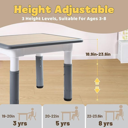 FUNLIO Adjustable Kids Table, 3-Level Height for Ages 3-8, Easy to Wipe Arts & Crafts Toddler Table for Classrooms/Daycares/Homes, CPC & CE Approved, 23.6 x 23.6 Inches - Grey