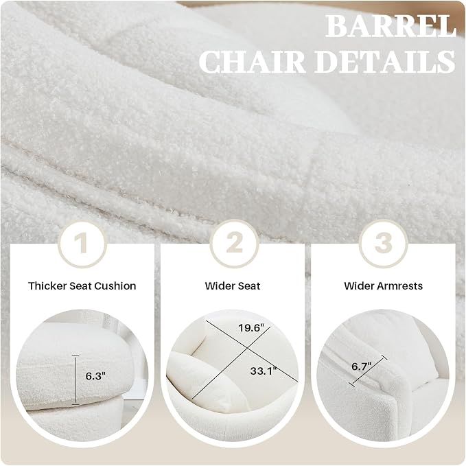Swivel Accent Chair, 360 Degree Round Swivel Barrel Chair with Pillow, Widened Upholstered Boucle Chair Comfy Sherpa Barrel Armchair for Living Room Bedroom Reading Room, White