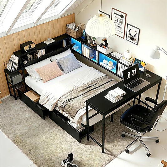 Bellemave Full Size Corner Bed Frame with Storage Bookcase & 2 Drawers, Modern Metal Full Daybed with LED Lights & Charging Station, Reversible Full Corner Bed with Desk for Space-Saving, Black