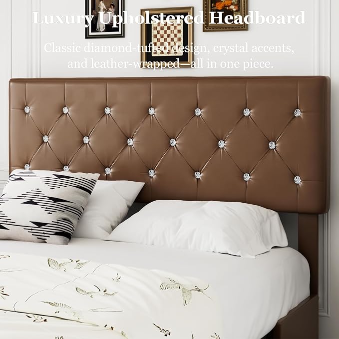 VECELO Full Size Bed Frame with 3 Storage Drawers, Leather Upholstered with Diamond Tufted Headboard, Solid Wood Slat Support & Steel Framework, PU & Brown