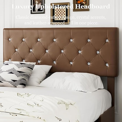 VECELO Full Size Bed Frame with 3 Storage Drawers, Leather Upholstered with Diamond Tufted Headboard, Solid Wood Slat Support & Steel Framework, PU & Brown