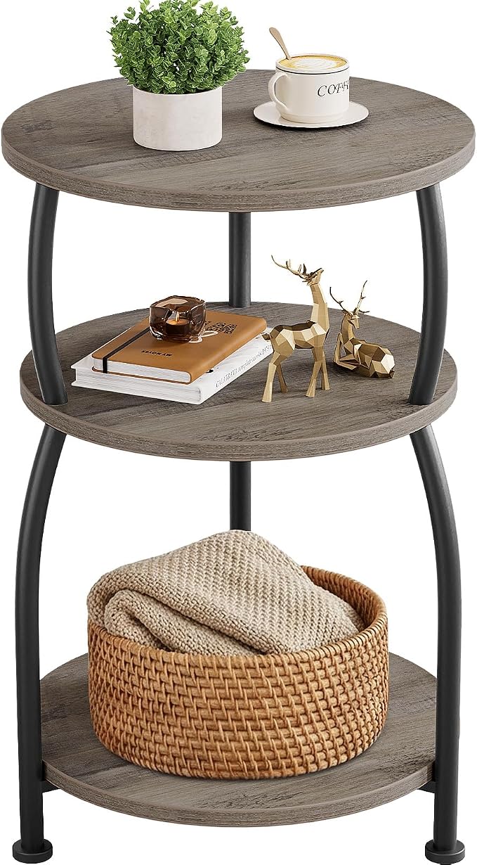 Round Side Table, 3-Tier End Table with Storage Shelf, 15.7" Wide Nightstand for Small Spaces, Tall Sofa Table Capable of Holding Laptops & Lamps, Bedside Table for Bedroom & Living Room, Grey