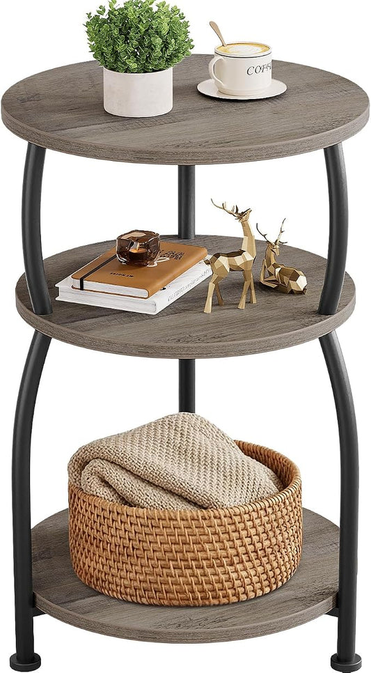 Round Side Table, 3-Tier End Table with Storage Shelf, 15.7" Wide Nightstand for Small Spaces, Tall Sofa Table Capable of Holding Laptops & Lamps, Bedside Table for Bedroom & Living Room, Grey
