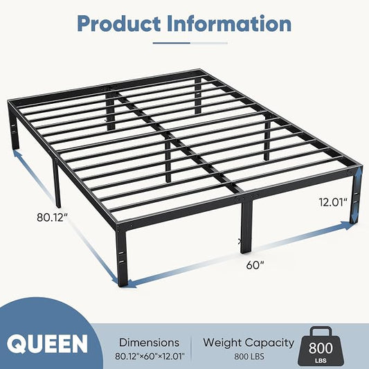DUMOS Queen Size 12" Bed Frame - Metal Platform Bed Frame Mattress Foundation with Steel Slat Support, No Box Spring Needed, Storage Space Under Base, Easy Assembly, Black