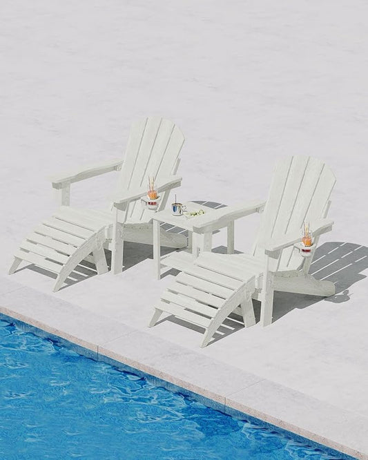 Garvee Folding Adirondack Chair Set of 5, HDPE Outdoor Patio Chair with Cup Holder, All Weather Resistent Wooden Textured for patios, Decks, Gardens, fire Pit, White