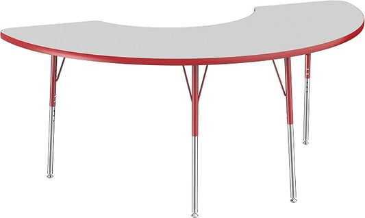 FDP Half Moon Activity School and Office Table (36 x 72 inch), Standard Legs with Swivel Glides for Collaborative Seating Environments, Adjustable Height 19-30 inches - Gray Top and Red Edge