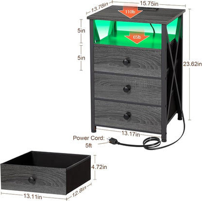 AMHANCIBLE Nightstands Set of 2, LED Night Stand with Charging Station, End Side Tables with USB Port & Outlet, Bedside Table with Fabric Drawers for Bedroom, Dark Grey, HET053LDG