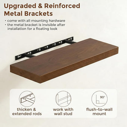 fuqing Wood Floating Shelves | 24 Inch Floating Shelves for Wall Set of 2 | 24" W x 6.7" D x 1.4" H Rustic Walnut Shelves for Bathroom Living Room Bedroom Kitchen