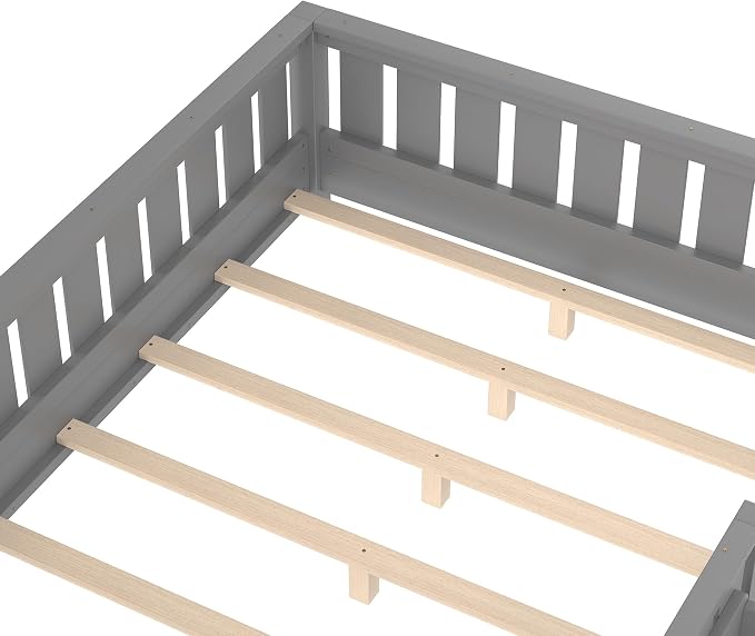 Bellemave Gray Montessori Floor Bed with Fence and Slats, Full Size Montessori Floor Bed with Bookcase and High Rails, Easy Assemble Bed Frame for Girls, Boys, Full