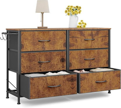 Dresser for Bedroom with 6 Drawers, Small Fabric Dresser for Kids Bedroom, Chest of Drawers, Storage Organizer Dresser for Closet, Nursery, Dorm, Apartment, TV Stand, Wood Top Side Hooks, Rustic Brown